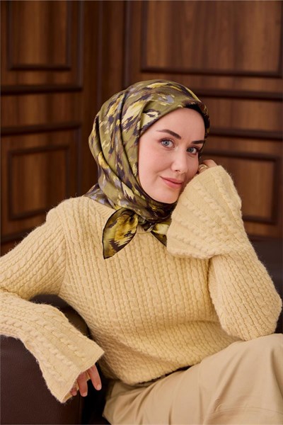 Twill İpek Eşarp Yeşil-Kahverengi Kamuflaj Desenli Tok Duruşlu 90x90
