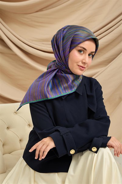 Twill İpek Eşarp Yeşil-Mor Tonlu Tok Duruşlu Kaymaz Kumaş 90x90