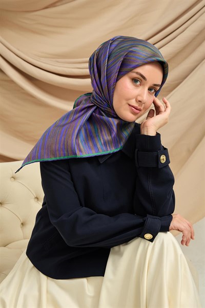 Twill İpek Eşarp Yeşil-Mor Tonlu Tok Duruşlu Kaymaz Kumaş 90x90