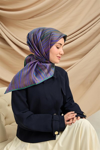Twill İpek Eşarp Yeşil-Mor Tonlu Tok Duruşlu Kaymaz Kumaş 90x90