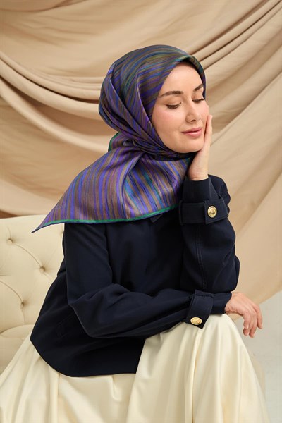 Twill İpek Eşarp Yeşil-Mor Tonlu Tok Duruşlu Kaymaz Kumaş 90x90