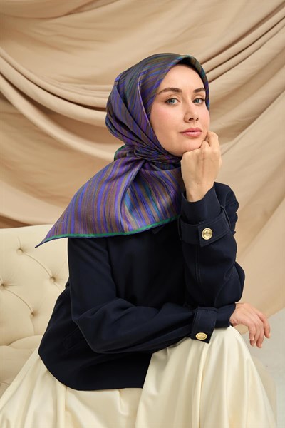 Twill İpek Eşarp Yeşil-Mor Tonlu Tok Duruşlu Kaymaz Kumaş 90x90