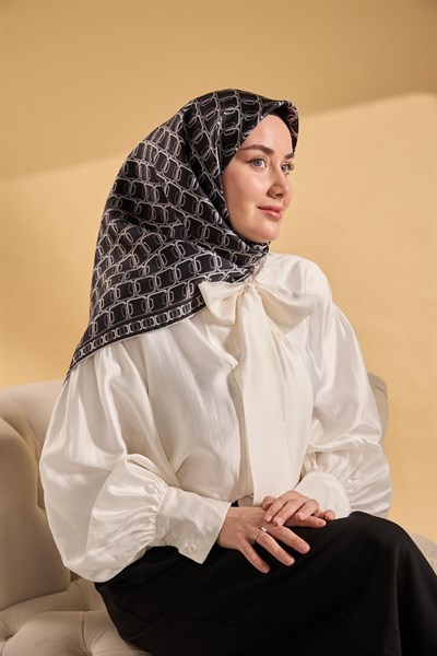 Twill İpek Eşarp Zincir Siyah - Beyaz