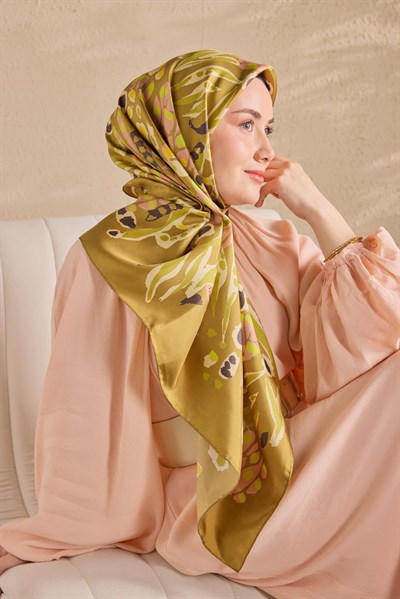 Twill İpek Mercan Eşarp Yağ Yeşili 90x90