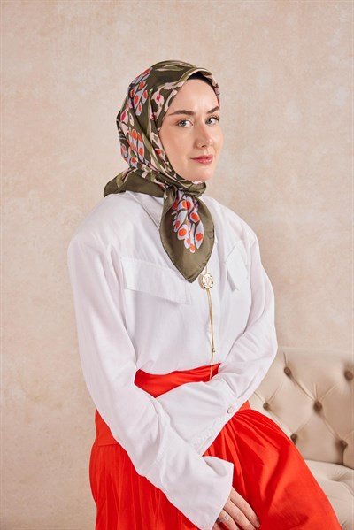 Twill İpek Mercan Eşarp Yeşil Kahve 90x90