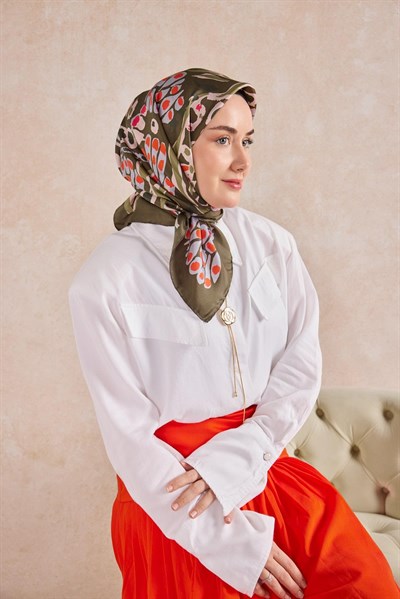 Twill İpek Mercan Eşarp Yeşil Kahve 90x90
