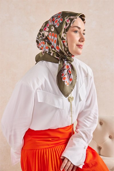 Twill İpek Mercan Eşarp Yeşil Kahve 90x90