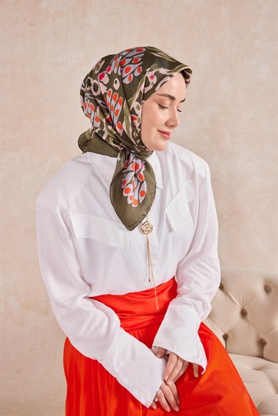 Twill İpek Mercan Eşarp Yeşil Kahve 90x90