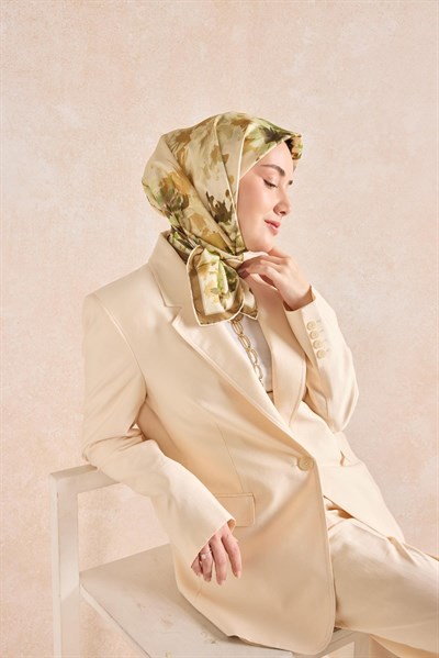Twill İpek Watercolor Eşarp Koyu Yeşil 90x90
