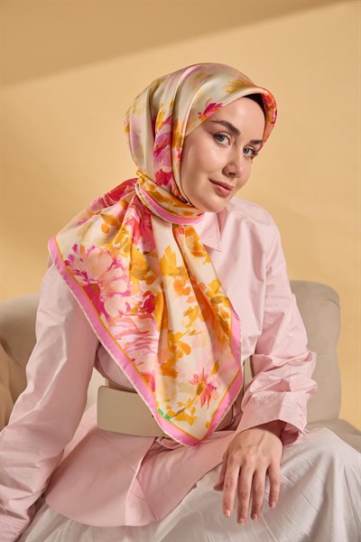 Twill İpek Watercolor Eşarp Pembe 90x90