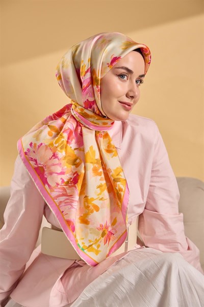 Twill İpek Watercolor Eşarp Pembe 90x90