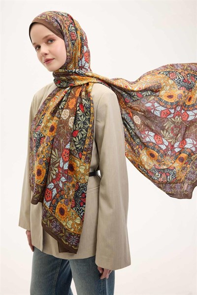 Urban Hours Floral Motif Desen Koyu Acı Kahve Mayda Şal 190x70