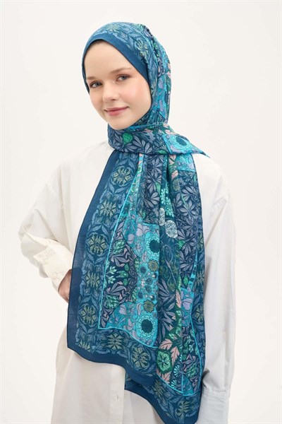 Urban Hours Floral Motif Desen Petrol Mavi Mayda Şal 190x70