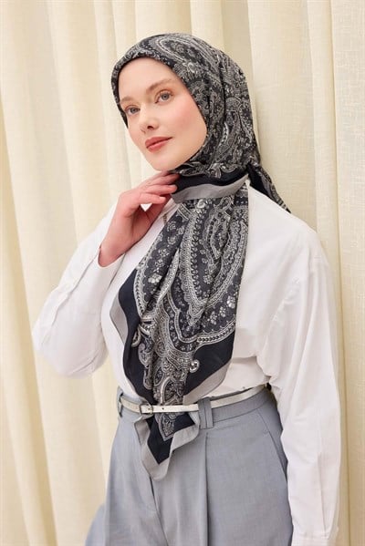 Velora Eşarp Ethnic Siyah - Gri 90x90