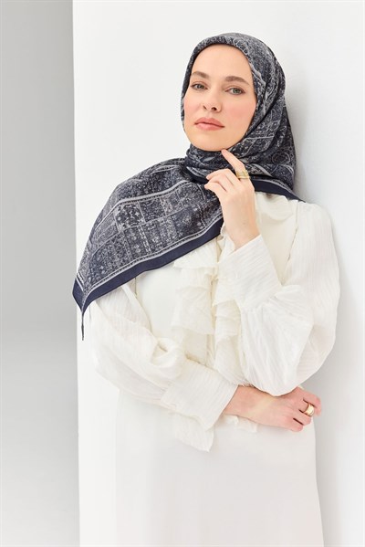 Velora Eşarp Etnik Desen Koyu Lacivert 90x90