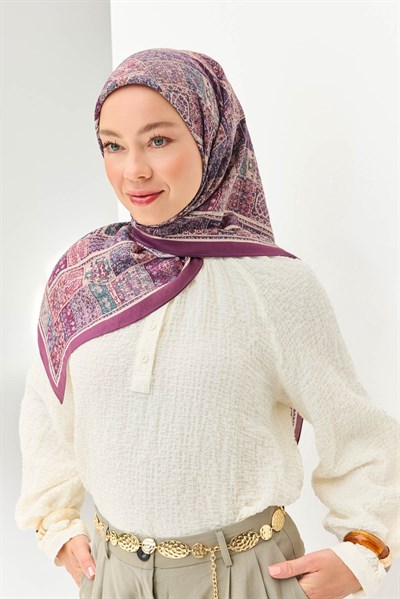 Velora Eşarp Etnik Desen Koyu Mor 90x90