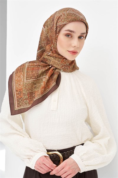 Velora Eşarp Etnik Desen Koyu Turuncu 90x90