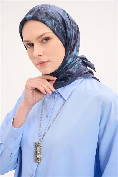 Velora Eşarp Fırça Çiçek Desen Gece Mavi 90X90