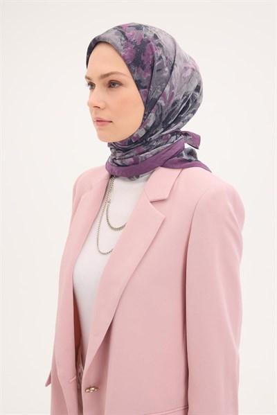 Velora Eşarp Fırça Çiçek Desen Gri Mor 90X90