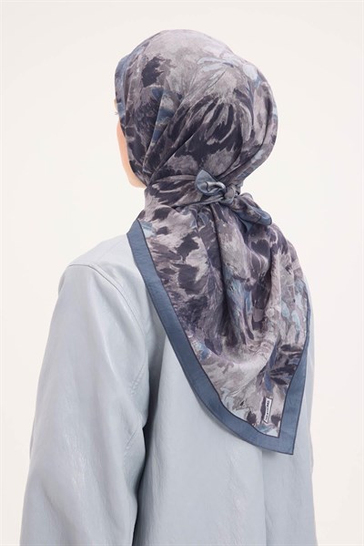 Velora Eşarp Fırça Çiçek Desen Indigo Mavi 90X90