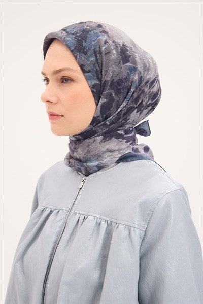 Velora Eşarp Fırça Çiçek Desen Indigo Mavi 90X90
