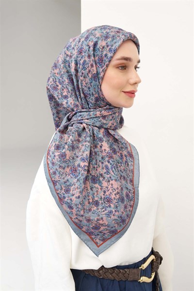 Velora Eşarp Modern Flora Mavi Gri 90x90