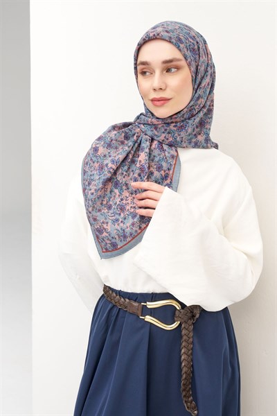 Velora Eşarp Modern Flora Mavi Gri 90x90