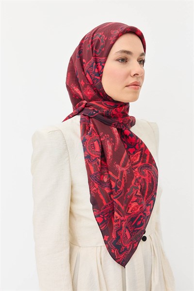 Velora Eşarp Şal Desen Bordo 90x90