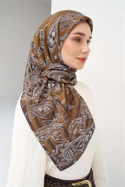 Velora Eşarp Şal Desen Kahverengi 90x90