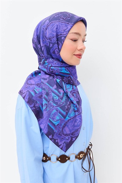 Velora Eşarp Şal Desen Koyu Mor 90x90