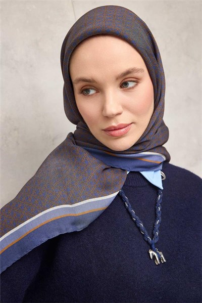 Viskon Aura Eşarp Koyu Indigo Zincir Desenli Tok Duruşlu 90x90