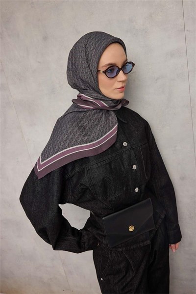 Viskon Aura Eşarp Mürdüm Zincir Desenli Tok Duruşlu 90x90