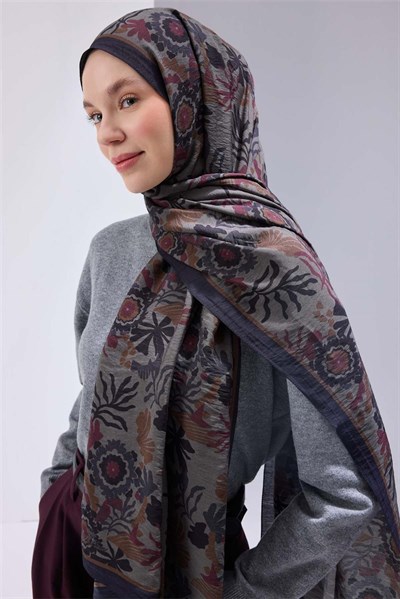Viskon Karışımlı Mayda Şal Füme-Çilek Kırmızısı Desenli Tok Duruşlu 190x70