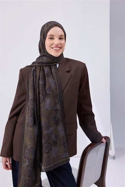 Viskon Karışımlı Mayda Şal Haki-İndigo Desenli Tok Duruşlu 190x70