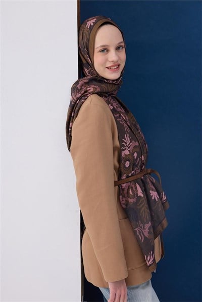 Viskon Karışımlı Mayda Şal Koyu Yeşil-Tozpembe Desenli Tok Duruşlu 190x70