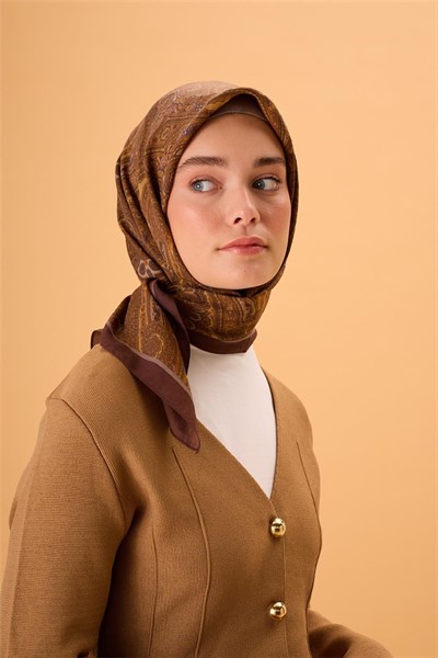Viskon Karışımlı Velora Eşarp Acı Kahve-Kahverengi Taba Gri Desenli Tok Duruşlu 90x90