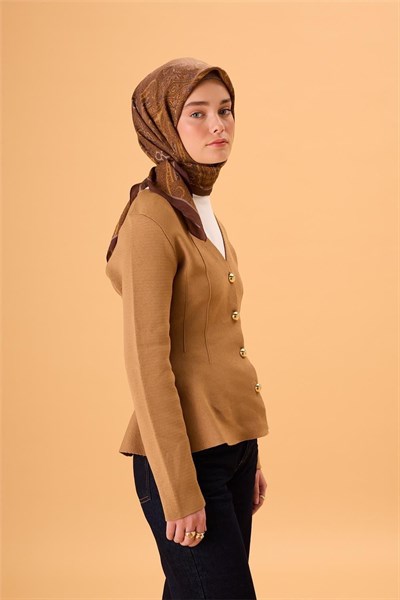 Viskon Karışımlı Velora Eşarp Acı Kahve-Kahverengi Taba Gri Desenli Tok Duruşlu 90x90