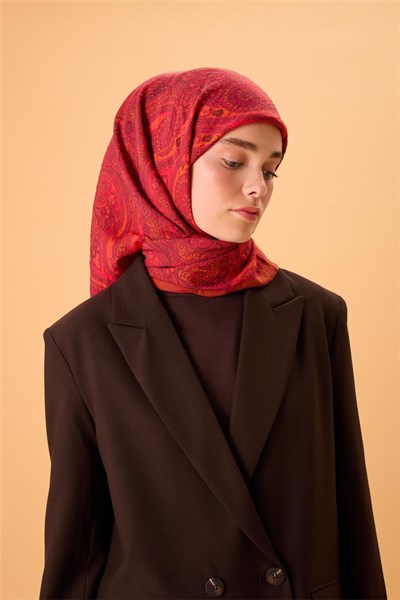 Viskon Karışımlı Velora Eşarp Alev-Fuşya Narçiçeği Taba Desenli Tok Duruşlu 90x90