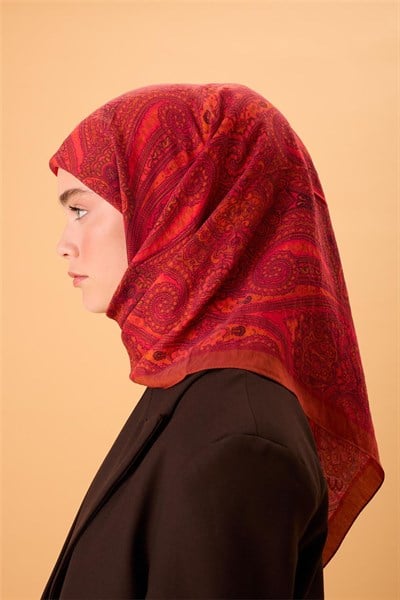 Viskon Karışımlı Velora Eşarp Alev-Fuşya Narçiçeği Taba Desenli Tok Duruşlu 90x90