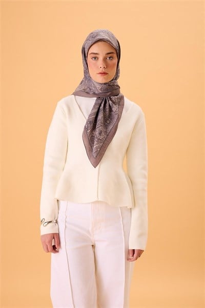 Viskon Karışımlı Velora Eşarp Duman-Gri-Krem Desenli İnce Dokulu Dökümlü 90x90