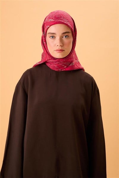 Viskon Karışımlı Velora Eşarp Fuşya-Metalik Gri Pembe Desenli Tok Duruşlu 90x90