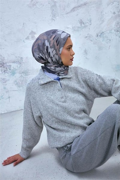 Viskon Karışımlı Velora Eşarp Grafit Gri-Vizon Gümüş Tonlu Desenli Tok Duruşlu 90x90