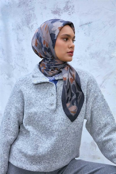 Viskon Karışımlı Velora Eşarp Grafit Gri-Kum Beji Tonlu Desenli Tok Duruşlu 90x90