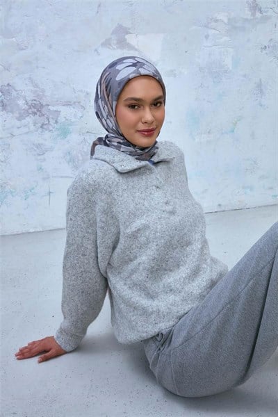 Viskon Karışımlı Velora Eşarp Grafit Gri-Vizon Gümüş Tonlu Desenli Tok Duruşlu 90x90