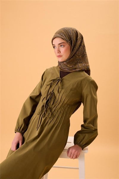 Viskon Karışımlı Velora Eşarp Koyu Gri-Olive İndigo Krem Desenli Tok Duruşlu 90x90