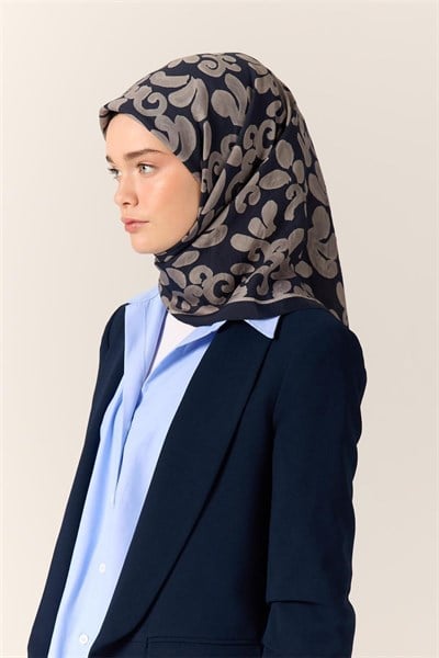 Viskon Karışımlı Velora Eşarp Lacivert-Gümüş Desenli Yumuşak Dokulu Tok Duruşlu 90x90