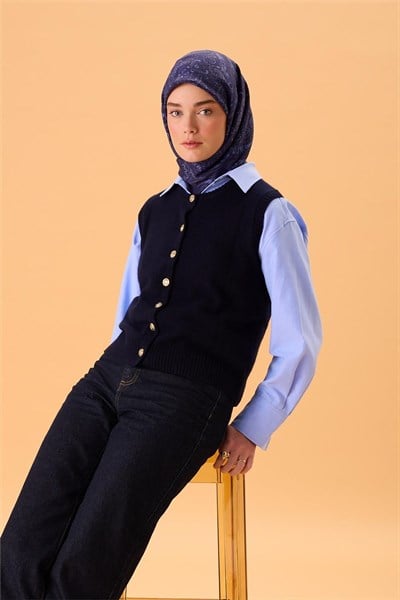 Viskon Karışımlı Velora Eşarp Lacivert-Morcivert Lila Bebe Mavi Desenli Tok Duruşlu 90x90