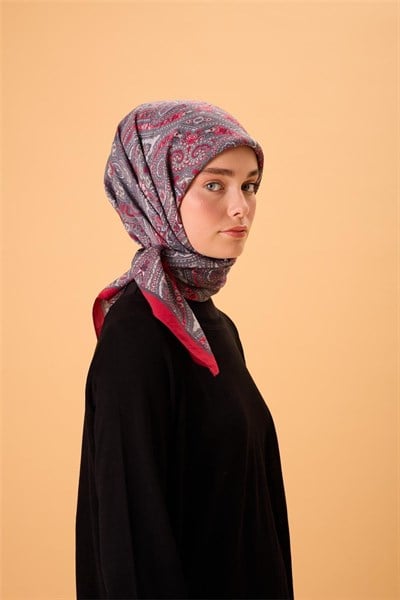 Viskon Karışımlı Velora Eşarp Narçiçeği-Koyu Gri Gümüş Krem Desenli Tok Duruşlu 90x90