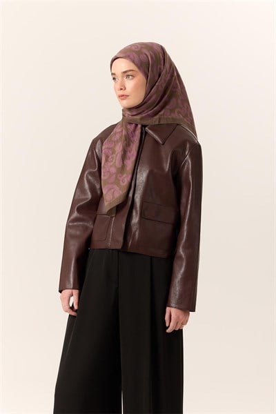 Viskon Karışımlı Velora Eşarp Olive-Eflatun Desenli Yumuşak Dokulu Tok Duruşlu 90x90