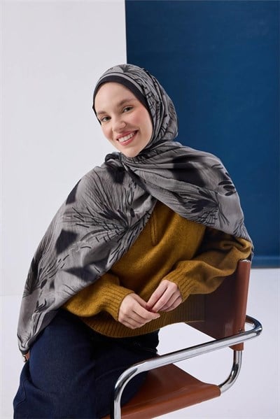Viskon Mayda Şal Gri Zeminli Siyah Detaylı Desenli Yumuşak Dokulu Dökümlü 190x70
